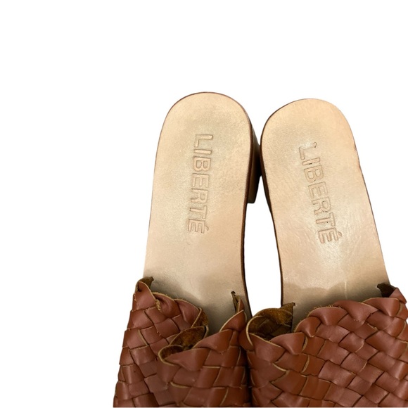 LIBERTÉ Santorini Leather Woven Cognac Mules Heeled Open Toe Sandals - Picture 9 of 14